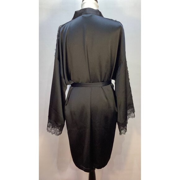 Victorias Secret XL-XXL Black Satin Robe With Lace Trim Elegant Luxury - Picture 4 of 7